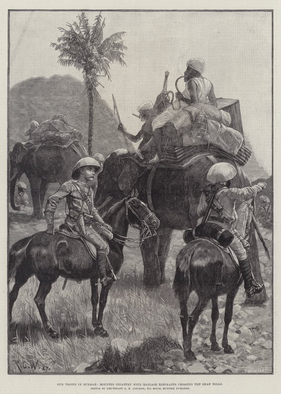 Our Troops in Burmah, Mounted Infantry with Baggage Elephants Crossing the Shan Hills by Richard Caton Woodville junior