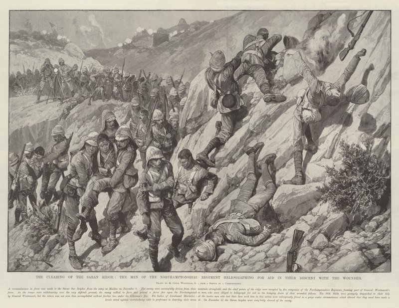 The Clearing of the Saran Ridge, the Men of the Northamptonshire Regiment heliographing for Aid in their Descent with the Wounded by Richard Caton Woodville junior