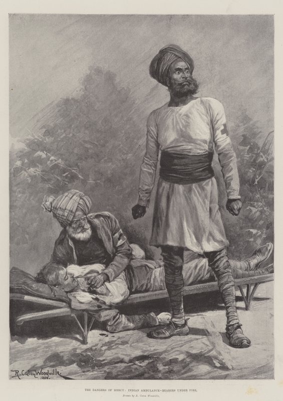 The Dangers of Mercy, Indian Ambulance-Bearers under Fire by Richard Caton Woodville junior