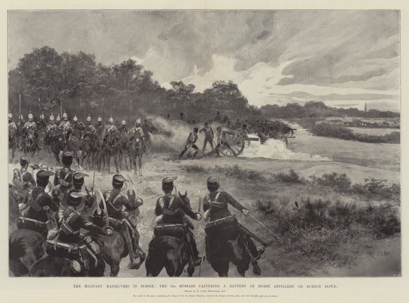 The Military Manoeuvres in Sussex, the 3rd Hussars capturing a Battery of Horse Artillery on Burton Down by Richard Caton Woodville junior