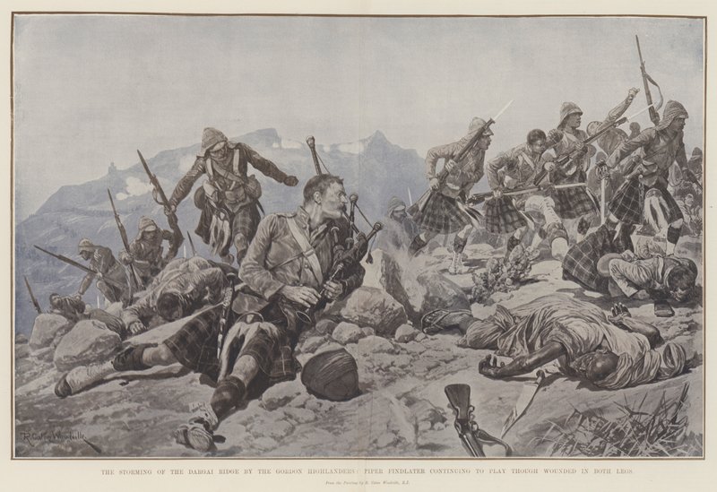 The Storming of the Dargai Ridge by the Gordon Highlanders, Piper Findlater continuing to play though wounded in both Legs by Richard Caton Woodville junior