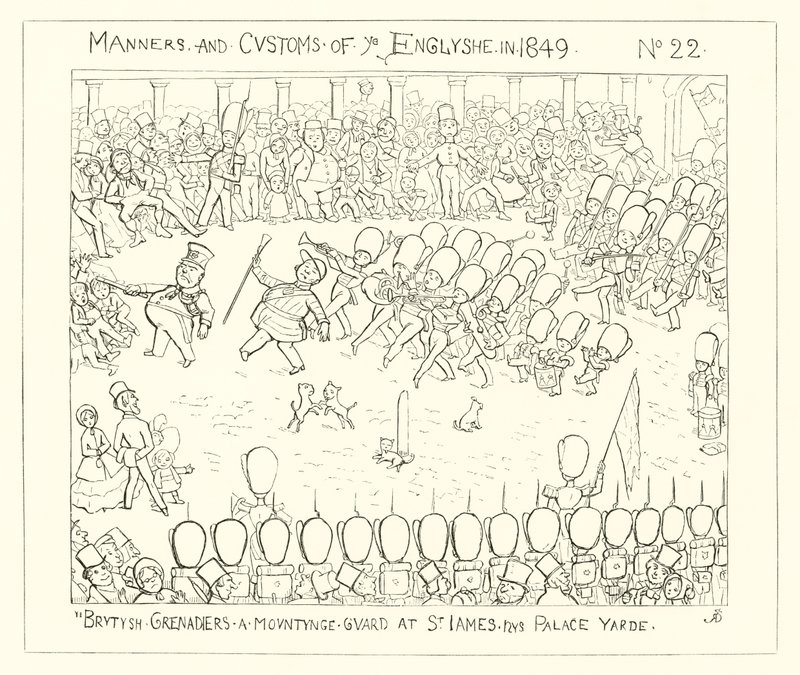 British Grenadiers mounting guard at St Jamess Palace Yard (1849) by Richard Doyle