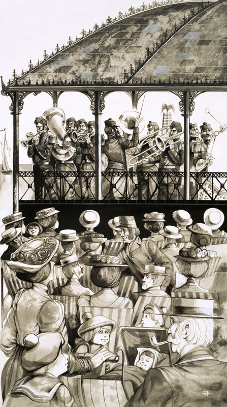 A municipal band in uniform plays popular tunes by the seaside by Richard Hook