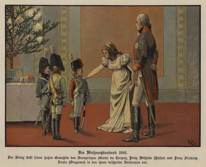 King Frederick William III and Queen Louise of Prussia with Crown Prince Frederick William, Prince William and Prince Frederick Louis Dressed in Military Uniforms, Christmas Eve by Richard Knotel