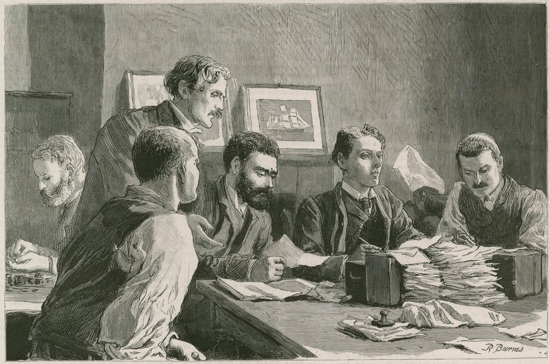 The Great Strike of Dock Labourers at the East End: The Finance Committee Issuing Relief Tickets at the Wade Arms, Jeremiah Street, Poplar, the Strikers