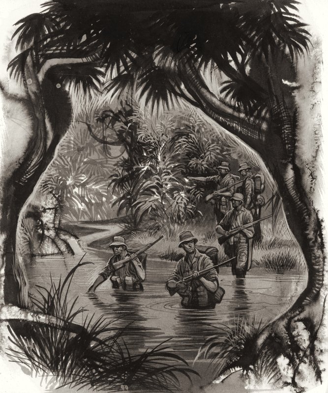 ANZAC troops crossing a jungle river during a World War II patrol by Ron Embleton