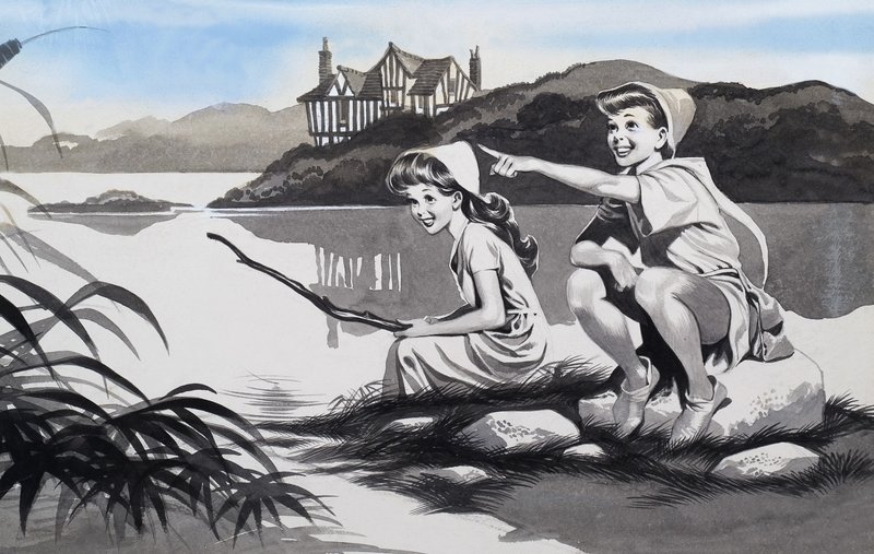 Boy and girl on lake by Ron Embleton