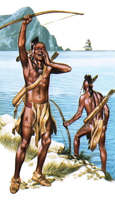 Red Indians seeing a European ship for the first time by Ron Embleton