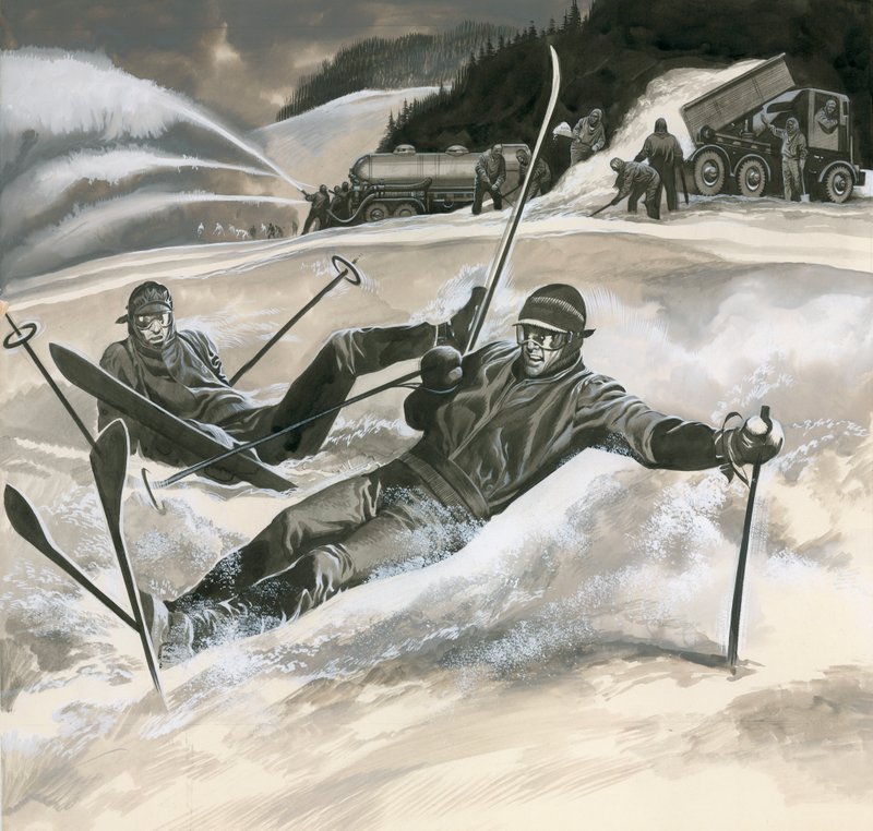 Skiers and snow machines by Ron Embleton