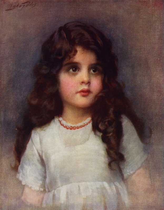 Curly Locks: Portrait of a Pretty Young Girl with Long Dark Curly Hair by Samuel Luke (after) Fildes