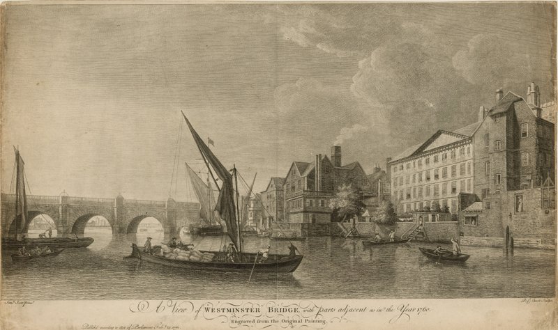 A view of Westminster Bridge with parts adjacent as in the year 1760 by Samuel Scott
