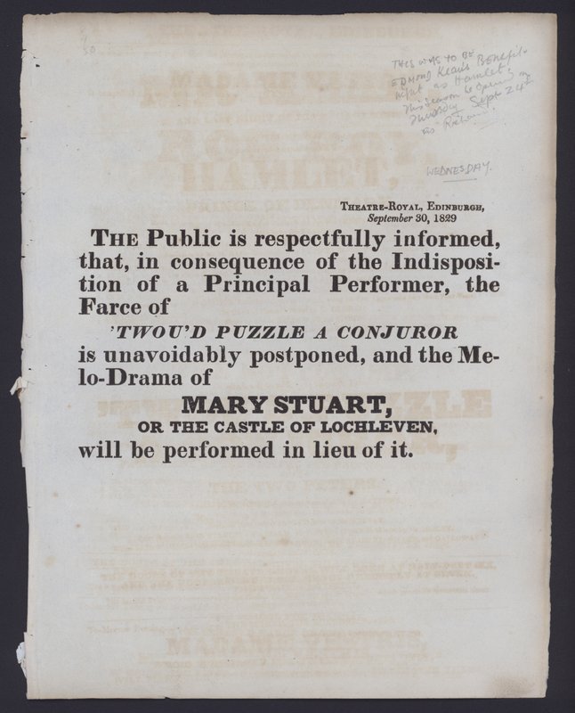 Notice of a change to the billed performance at the Theatre Royal, Edinburgh, 30 September 1829 by Scottish School