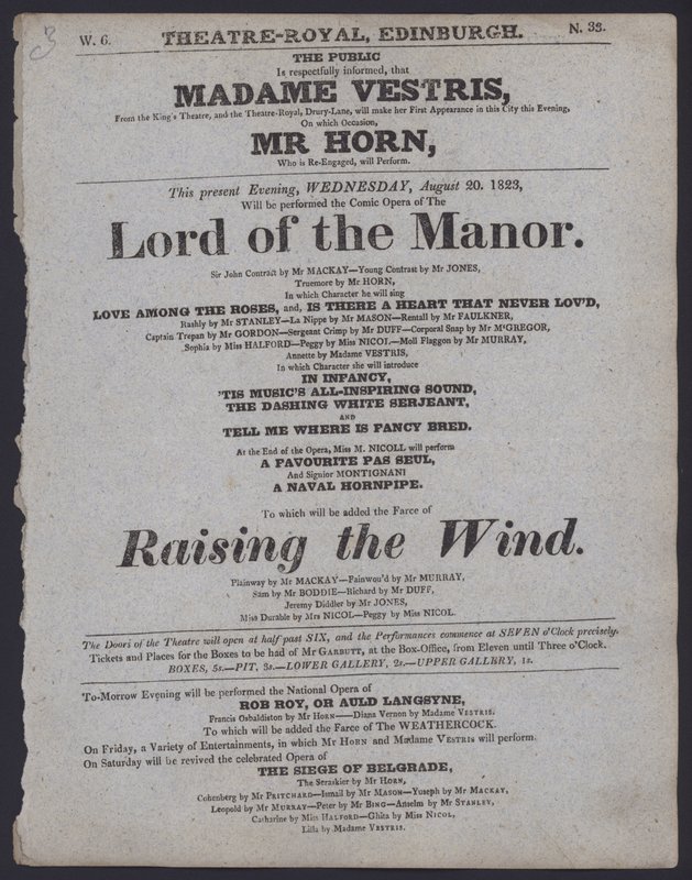 Theatre Programme for the Theatre Royal, Edinburgh, 20 August 1823 by Scottish School