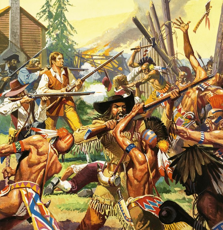 Daniel Boone defending a Kentucky homestead from attacking Indians by Severino Baraldi