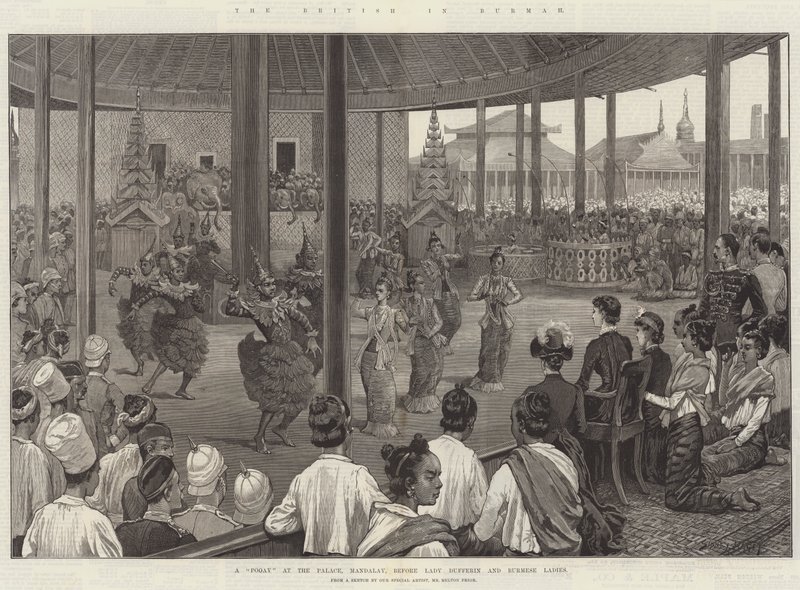 The British in Burmah, a Pooay at the Palace, Mandalay, before Lady Dufferin and Burmese Ladies by Sidney Paget