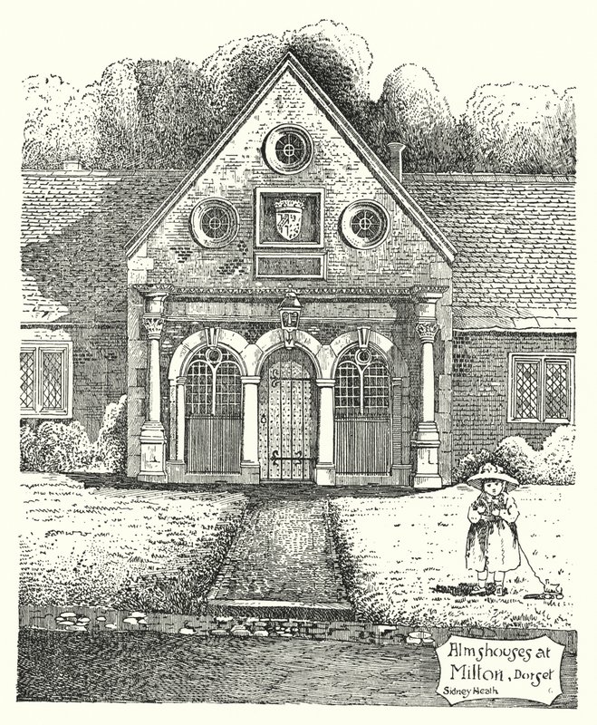 Almshouses at Milton, Dorset (engraving) by Sidney Heath