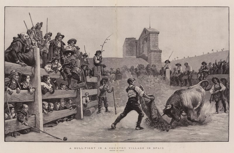 A Bull-Fight in a Country Village in Spain (engraving) by Spanish School