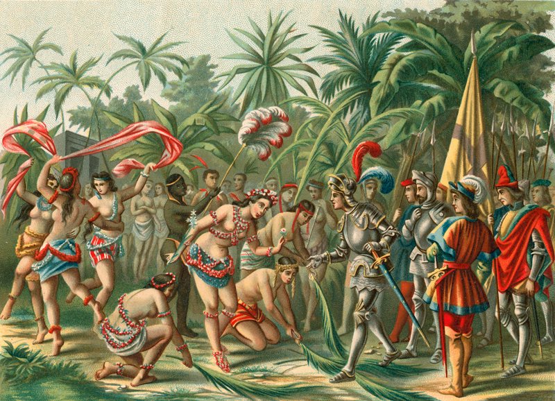 Reception from Anacaona, called the Golden Flower, on Hispaniola for Bartholomew Columbus and Hermano del Almirante by Spanish School
