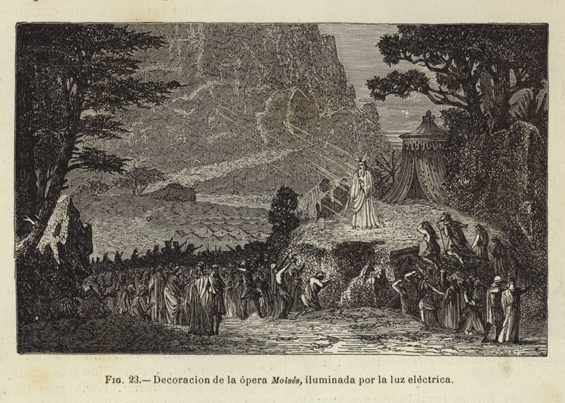 Set of the opera, Moses, illuminated by electric light by Spanish School