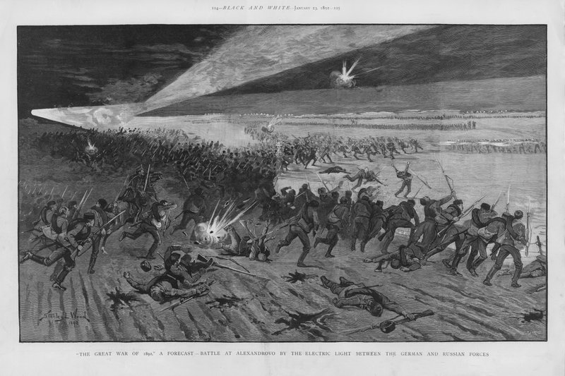The Battle of Alexandrovno, imagined battle scene in a war between Russia and Germany using electric light to illuminate the battlefield at night by Stanley L. (after) Wood