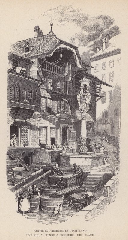 Part of Freiburg im Uechtland, An Old Street in Fribourg, Uechtland (engraving) by Swiss School