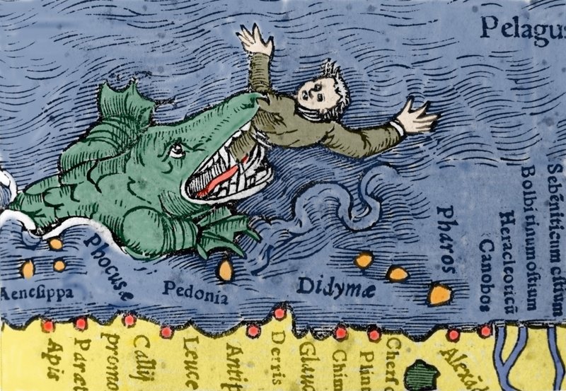 Sea Monster eating a human, illustration from 'Historiae Animalium