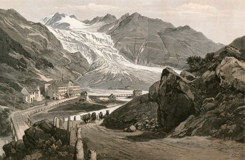 The lower part of the Rhone Glacier and Road to the Furka by Swiss School