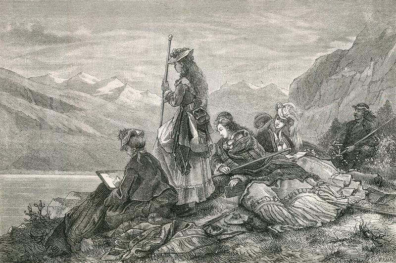 Tourists resting on the Alps by Swiss School