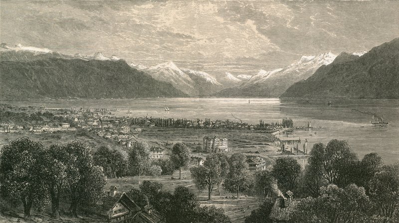 Vevey and the upper part of the Lake of Geneva, looking towards the Rhone Valley by Swiss School