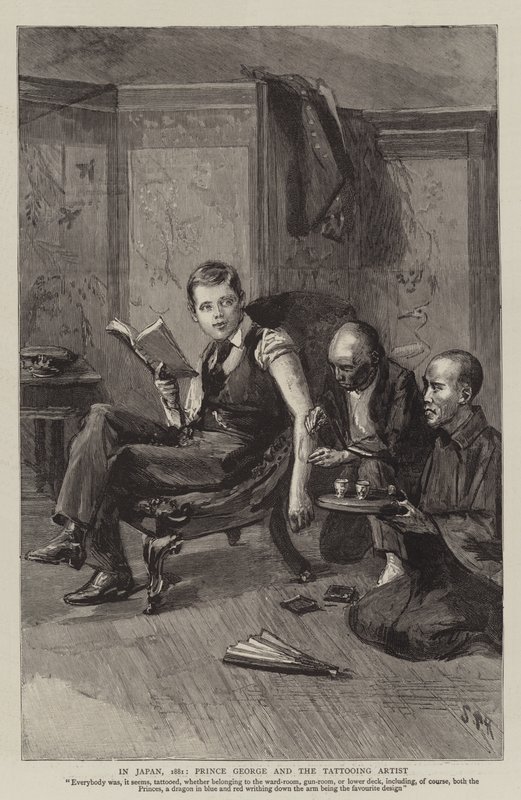 In Japan, 1881, Prince George and the Tattooing Artist by Sydney Prior Hall