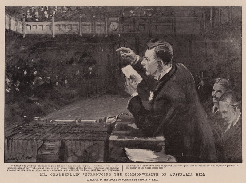 Mr Chamberlain Introducing the Commonwealth of Australia Bill by Sydney Prior Hall