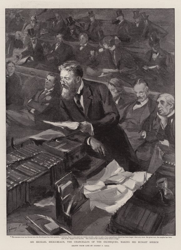 Sir Michael Hicks-Beach, the Chancellor of the Exchequer, Making His Budget Speech by Sydney Prior Hall