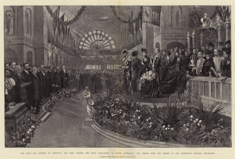 The Duke and Duchess of Cornwall and York Opening the First Parliament of United Australia, the Speech from the Throne in the Exhibition Building, Melbourne by Sydney Prior Hall