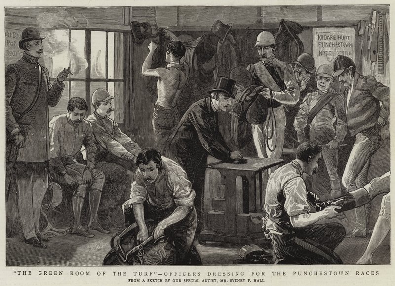 The Green Room of the Turf, Officers Dressing for the Punchestown Races by Sydney Prior Hall