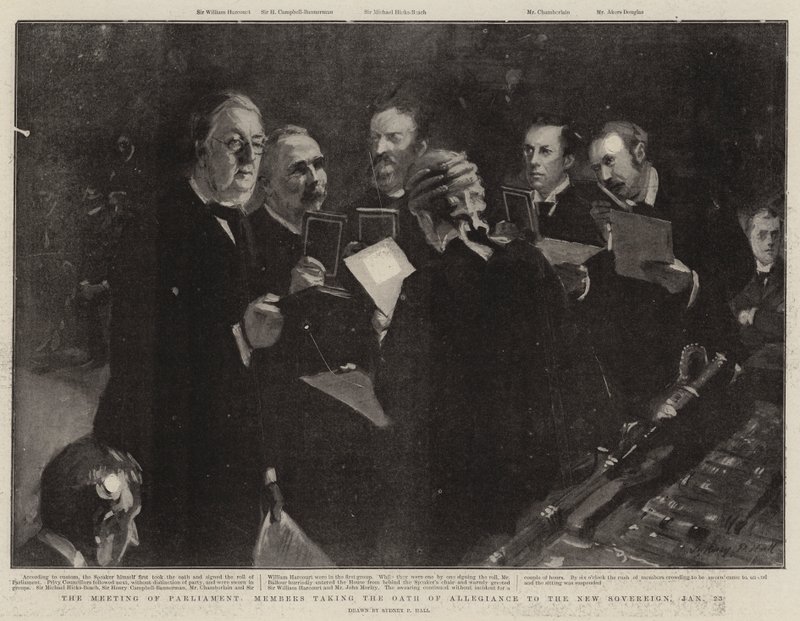 The Meeting of Parliament Members taking the Oath of Allegiance to the New Sovereign, 23 January by Sydney Prior Hall