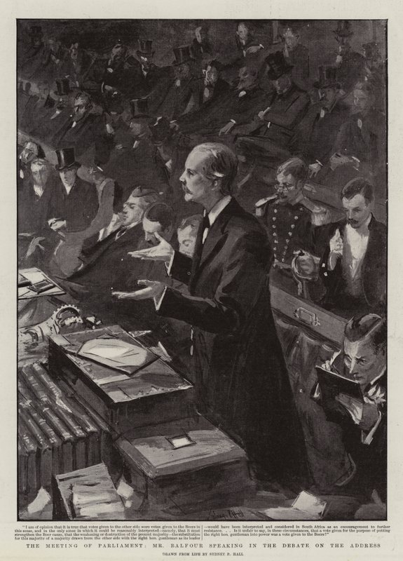 The Meeting of Parliament, Mr Balfour speaking in the Debate on the Address by Sydney Prior Hall
