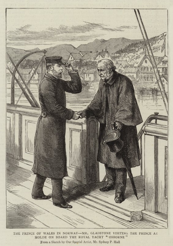 The Prince of Wales in Norway, Mr Gladstone visiting the Prince at Molde on Board the Royal Yacht Osborne by Sydney Prior Hall