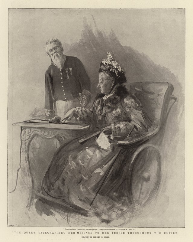 The Queen Telegraphing Her Message to Her People Throughout the Empire by Sydney Prior Hall