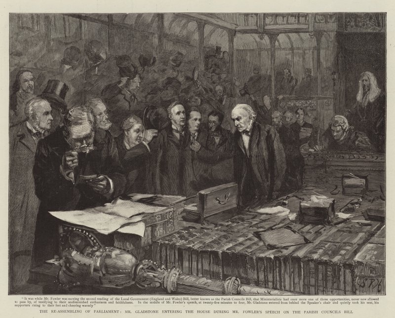 The Re-Assembling of Parliament, Mr Gladstone entering the House during Mr Fowler