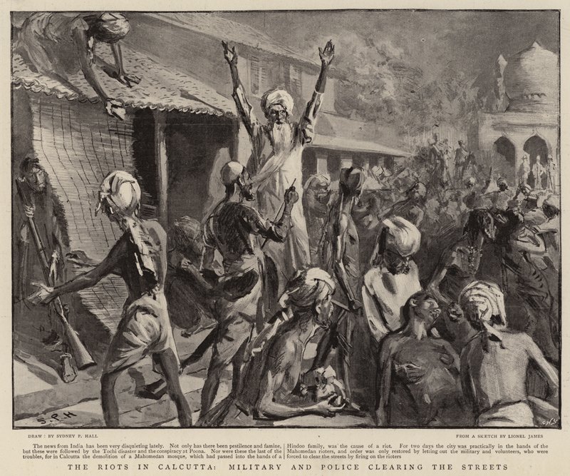 The Riots in Calcutta, Military and Police clearing the Streets by Sydney Prior Hall