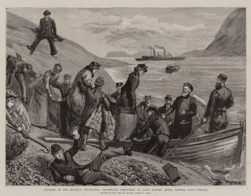 Tourists in the Western Highlands, Passengers embarking at Loch Scavaig after visiting Loch Coruisk by Sydney Prior Hall