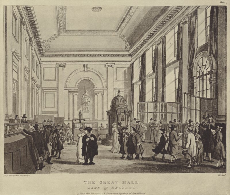 The Pay Hall, Bank of England, 1808 by T. and Pugin Rowlandson