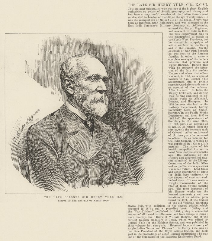 The Late Colonel Sir Henry Yule, RE, Editor of The Travels of Marco Polo by Theodore Blake Wirgman