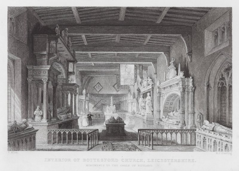 Interior of Bottesford Church, Leicestershire, Monuments to the Earls of Rutland by Thomas (after) Allom