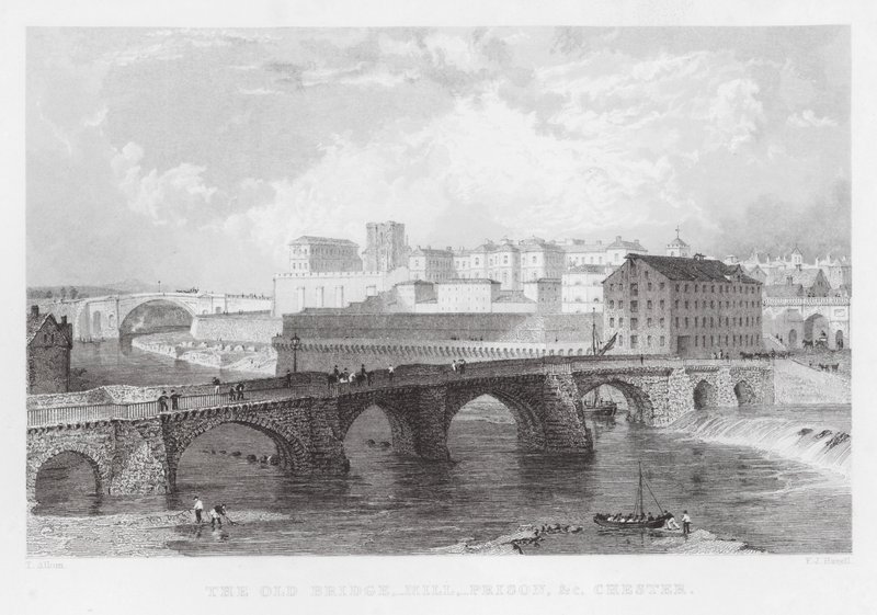 The Old Bridge, Mill, Prison, etc, Chester by Thomas (after) Allom