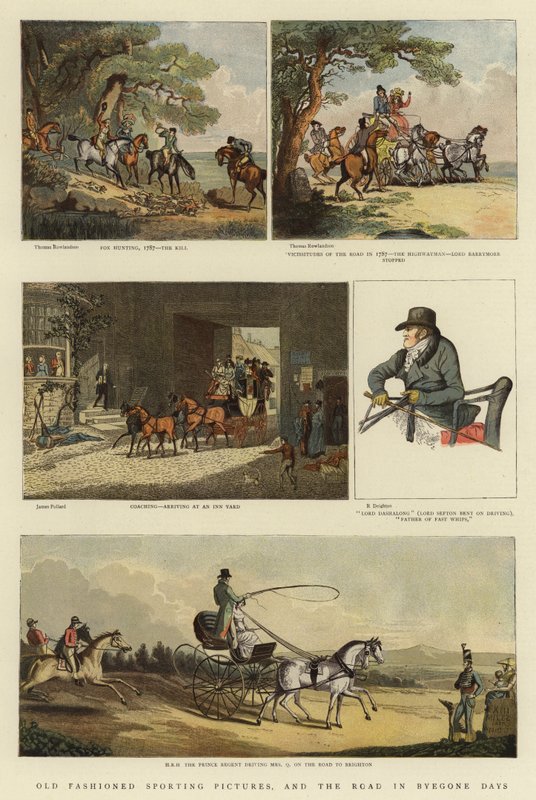 Old Fashioned Sporting Pictures, and the Road in Bygone Days (colour litho) by Thomas (after) Rowlandson