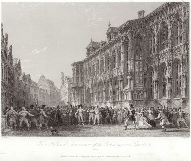Town Hall with Insurrection of the People against Charles V by Thomas Allom