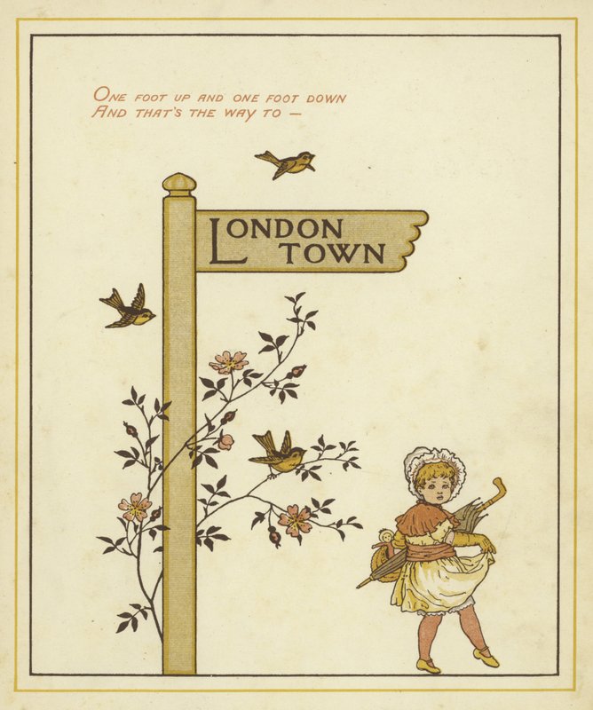 A sign post points the way to London Town with a young girl walking in that direction by Thomas Crane