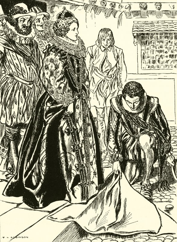 Raleigh Spreads His Cloak Before Elizabeth by Thomas Heath Robinson