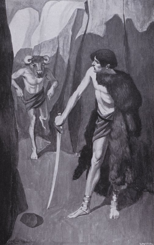 Theseus met the Minotaur in a narrow chasm by Thomas Heath Robinson
